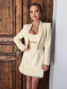 Casual Dresses WeiYao 2022 Autumn Winter Women Solid Mini Skirt Set Office Suit Outfits Crop Tops Blazer And 2 Two Piece Matching