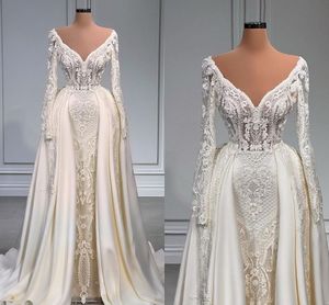 Vita sjöjungfru bröllopsklänningar spetsapplikationer avtagbara tåg brudklänningar skräddarsydd v hals plus storlek vestido de novia