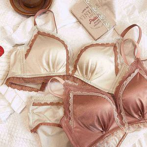 Bras Sets Sexy satin lace bralette panty no steel ring small chest gather up close up underwear sets latex cotton silk bra briefs set top T220907