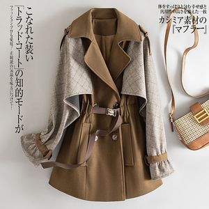 2022 Autumn Notched-Lapel Plaid Trench Płaszcz Khaki Długie rękaw Belted Krótkie płaszcze znamionowe H2S178234