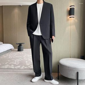 Men's Suits Collarless Single Button Blazers Men Korean Harajuku Streetwear Fashion Vintage Loose Casual Suit Coat Male Jacket Blazer