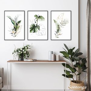 DecorPainting & Calligraphy Green and Gold Fern Leaf Palm Plants Wall Art Canvas Painting Botanical Posters Print Nordic Pictures fo...