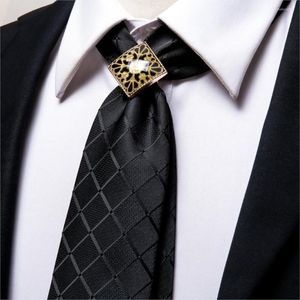 Bow Ties Hi-Tie Black Plaid Hanky ​​Cufflinks Set Luxury Business Men's Tie Gold Ring Silk Bolo For Men Wedding High Quality Slipsi