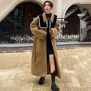 Damen Wolle Damen Winter Wollmantel Lang Korean Loose College Fashion Design Britische Verdickung Damen Cape Revers Einreiher