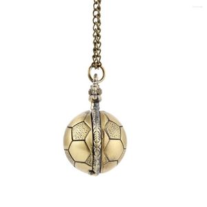 Taschenuhren Retro Fußball Ball Form Bronze Runde Quarzuhr mit Kette Halskette Schmuck Geschenke JRDH889