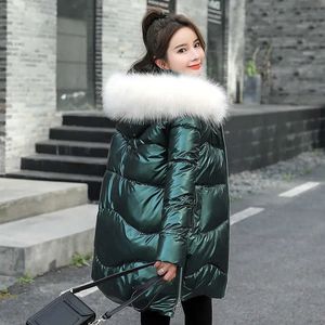 Kvinnor Down 2021 New Women Jacket Winter Parkas Long Coat Päls krage Huven Glossy Overcoat Female Cotton Padded Parka Waterproof Outwear T221011