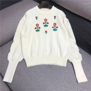 Women's Sweaters Retro Red Flower Crochet Embroidery Pullover Women&#39;s Lazy Style Loose Lantern Sleeve Sweater 2022 Fall Winter Knit