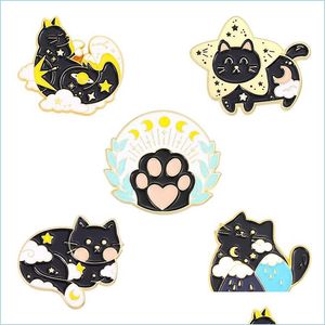 Pins Brooches Metal Enamel Lapel Brooch Pin Star Moon Animal Black Cat Claw Design Cute Badge Clothing Accessories Fashion Brooches Dhgav