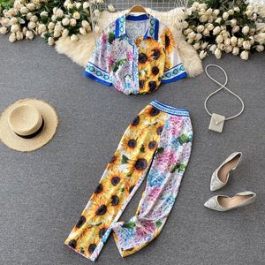 Women's Two Piece Pants 2022 Bohemian Women's Summer Floral Print Suits Short Sleeve Loose Shirts And Ankle-length Pieces Set N66620