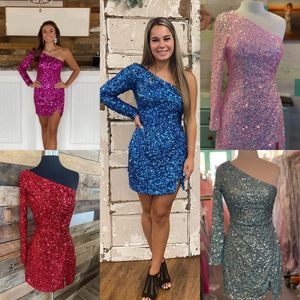 Mini Cocktail Hoco Dress 2023 Sequins Lady Formal Event Party Gown One-Shoulder Short Club Night Homecoming Gala NYE Court One Long Sleeve Slit Purple Red Blue Sage