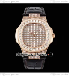 GSF 5719R A324 Automatic Mens Watch Rose Gold Paved Rectangle Diamonds Dial Stick Iced Out Diamond Black Leather Strap Super Edition Jewelry Watches Puretime C3