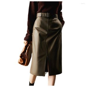 Skirts Women' Leather Skirt OL Autumn Winter Chic Sheepskin Midskirt Female Elegant Olive Green Split Before Splicing