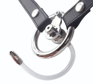 Dispositivi di castità maschile Gabbia per cazzi con cintura per imbracatura in PU Anelli per pene in acciaio inossidabile Giocattoli sessuali BDSM in metallo