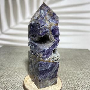 Decorative Figurines Natural Purple Sphalerite Tower Geode Druzy Quartz Crystal Mineral Specimen Column Wicca Reiki Healing Wand Ornament