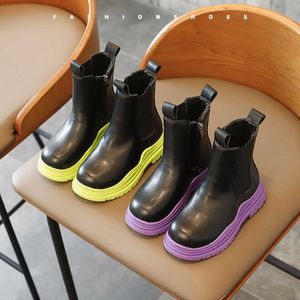Boots Girls Color Bottom Tide 2022 Autumn Children New Style British Style Short Boys Candy Shicay-Soled Leather Shoes Warm Y2210