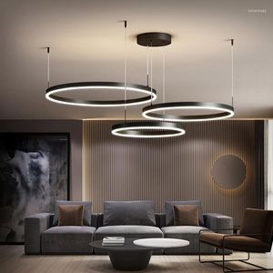 Lampadari Lampadario a LED moderno e minimalista per soggiorno Illuminazione domestica Lampada a sospensione ad anello nero Cucina Ufficio Quadrato Lampada a sospensione intelligente