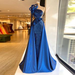 Blue Royal Prom -klänningar Sparkly paljetter långärmad sjöjungfru med oftskirt skräddarsydda veckor ruched plus size aftonparty klänningar vestido formellt tillfälle