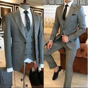 Groom Wear 3 Pieces Gray Men Suits Slim Fit Peak Lapel One Button Tailor Made Terno Masculino Jacket Pants Vest
