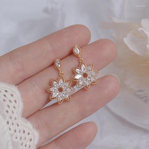 Stud￶rh￤ngen Guldf￤rg Dainty Korean Flower Earrring For Women Bling Zirconia Hollow Lace Earring Wedding Brincos Bijoux Giftstud