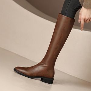 Boots Vintage Fashion Square Toe Women Long Real Leather Brown Knee High Flats Riding Botas Side Zipper Black Knight Botines