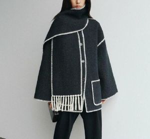 22FW Toteme Single-breasted Tassel Scarf Wool Coat Jackets Camel black