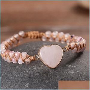 Tennis Kvinnor Tennis Rose Quartz Heart Stone Charm Pink Jasper Bead String fl￤tad armband handv￤vd naturlig justerbar wrap -armele dhapg