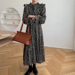 Casual Dresses Stand Collar Print Vintage Women Fall Ruffles Patchwork Office Lady Dress 2022 Slim Waist Elegant Autumn Vestido Mujer