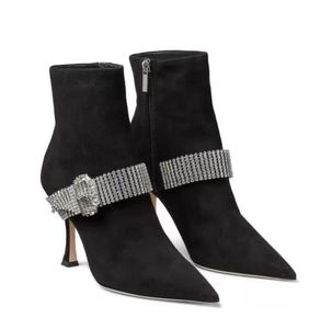 Wintermode-Damen-Stiefeletten, Leder-Wildleder, spitzes Obermaterial, Kristall-Modestiefel mit hohen Absätzen und roten Lacksohlen