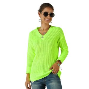 Damen-Strick-T-Shirts 2020 Herbst-Winter-Frauen-Neongrün-Rosa-Pullover Elegante Damenpullover Gestrickter fester V-Ausschnitt Langarm-Shirt Tops Kleidung T221012