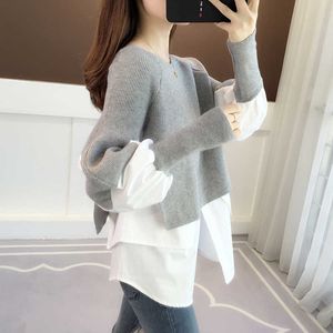 Women's Knits Tees Korean Chic Patchwork Sweater Women Autumn Winter Fake Two Piece Pullover Knitted Sweaters Female Jumper Pull Femme T221012