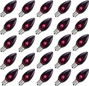 25 Pack C7 Halloween Replacement LED -glödlampor Transparent Black Light Purple Christmas Lights för utomhusutlampor C7/E12 Candelabra Base 5 Watt