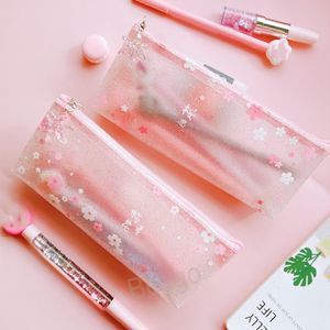 Cherry Blossom Printing Transparent Pencil Bags Student Stationery Pens Bags Matte Printed Flower Pen Cases With Sakura Pendant BH7727 TQQ