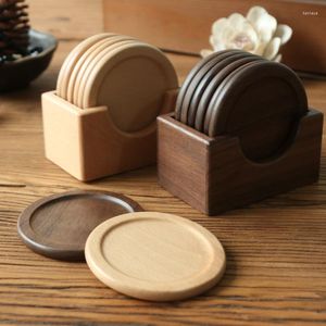 Table Mats 10Set/Lot Japanese-style Wooden Set Black Walnut Solid Wood Round Placemat Heat Pad 6 Pieces Boxed