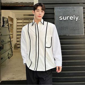 남자 캐주얼 셔츠 남자 그물 유명인 한국 스트리트웨어 패션 느슨한 스플 라이스 스트라이프 긴 소매 셔츠 수컷 빈티지 드레스 블라우스