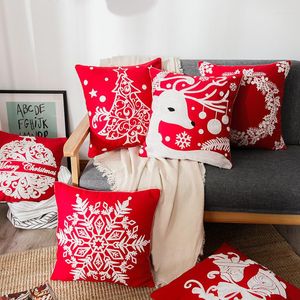 Pillow Christmas Embroidered Cover 45x45cm Cotton Canvas Crocheted Snowflake Elk Red Throw Pillows