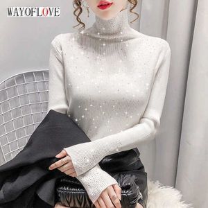 Women's Knits Tees WAYOFLOVE Winter Turtleneck Sweaters Women Sparkling Diamond Tops Slim Fit Pullover Women Knitted Sweater Jumper Thick Warm Pull T221012