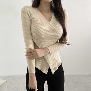 Mulheres malhas camisetas superaen outono e inverno 2022 chique camisola de malha feminina com decote em v camisola superior moda coreana pulôver topos t221012
