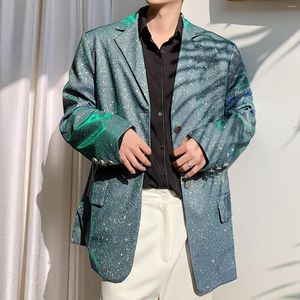 Men's Suits Hombre Casual Blazer Jacket Overcoat Male Vintage Fashion Suit Coat Outerwear Stage Show Clothes Men Blue-green Shining