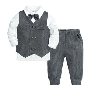 Set di abbigliamento per gentiluomini per bambini Vestito scozzese a righe per bambini Papillon Camicia a maniche lunghe Gilet Pantaloni 3 pezzi / set Primavera Autunno Abiti formali Ragazzo Vestiti per bambini Z004