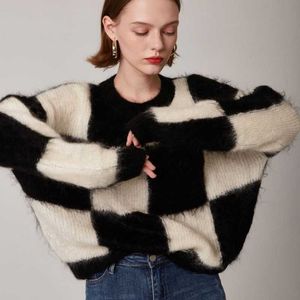 Women's Knits Tees Women's Colorblock Argyle Mohair Oversized Long-sleeved Pullover Sweater Fall Winter Fashion Thick Warm Knitted Vintage Sweater T221012