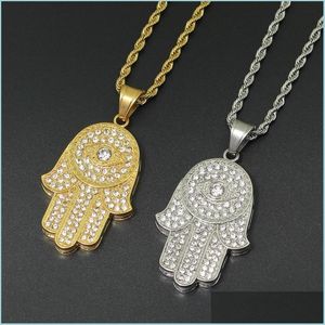 Pendant Necklaces Hip Hop Bling Jewelry Iced Out Cool Boy Mens Necklace Hamsa Hand Pendant Gold Sier Plated Cz Cubic Zirconia Hiphop Dhzri