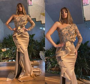 Khaki Prom Gowns One Shoulder Beaded Crystals Ruffles Evening Dresses Custom Made Side Split Party Dress