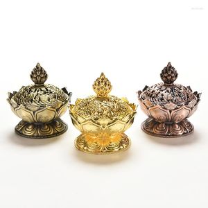 Fragrance Lamps Golden Color Collectable Tibetan Lotus Incense Burner Alloy Bronze Mini Incensory Metal Craft Home Decor