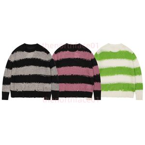 Designer Womens Mohair Fabric Striped Sweaters Men Woman Hole sweater Knitted Jumper Hight Street Couples Clothing Asian Size S-L