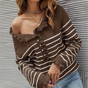 Women's Sweaters Fashion Women Ladies Casual Round Neck Long Sleeve Striped Printed Button Ruffles Knitted Sweater Pullover Tops Pull