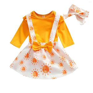 Kleidungssets 3-teiliges Kleinkind-Outfit, einfarbig, lange Ärmel, Strampler, Sonnendruck, Hosenträger, Rock, Haarband für Babys, Mädchen, 0–24 Monate