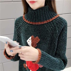 Women's Knits Tees 2022 Spring And Autumn Chenille Turtleneck Sweater Female Embroidery Cartoon Image Pullover Loose Knitted Base Shirt T221012