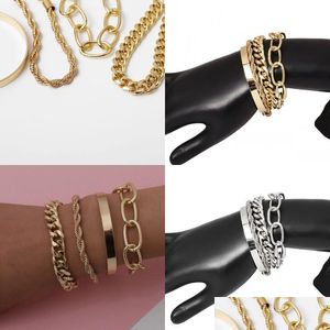 Charm-Armbänder 4 Teile/satz Punk Curb Cuban Chain Armbänder Manschette Armreif Set Frauen Miami Boho Dicke Gold Farbe Charm Armband Twist Fash Dhsok