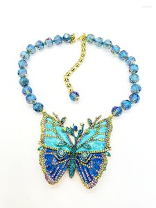 Pendant Necklaces High Quality Blue Enamel Butterfly Big With Crystal Rhinestone Bead Statement Necklace