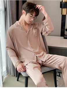Cardigan de roupas de dormir masculina 2pcs cetim pijamas conjuntos de botão de pajamas fatos de manga cheia cintura elástica machos machos machos pijamas loungewear